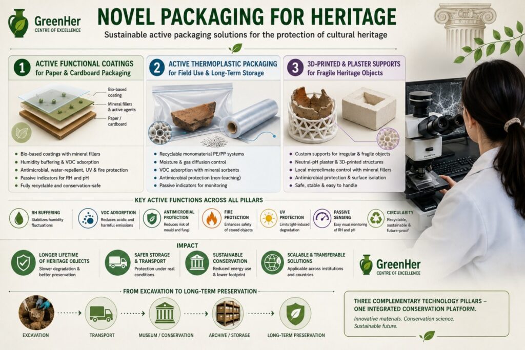 Next-generation active packaging for cultural heritage preservation. The pilot project develops three integrated pillars of active heritage packaging: functional coatings for paper and cardboard packaging, active monomaterial thermoplastic packaging, and customised 3D-printed and plaster-based support systems for the long-term preservation of cultural heritage objects.